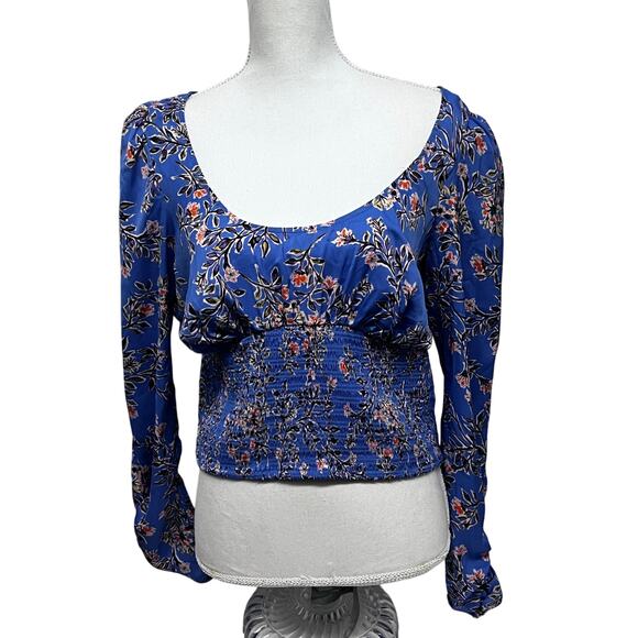 Free People Santiago Blue Floral Boho Peasant Crop Top Blouse Shirt Large - Picture 1 of 10